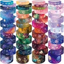 Biuunsf 52 Rolls Washi Tape Set, Gold Foil Galaxy Washi Tape for Journaling Supplies, 4 Sizes Washi Tapes for Scrapbooking, DIY Journal Set, Crafts, Gift Wrapping, Painting