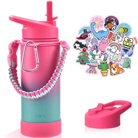 Mininoo Insulated Kids Water Bottle, 16oz Stainless Steel Water Bottle Kids with Paracord Handle for Girls, Boys（Punch/Green）