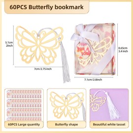 60 Pcs Gold Butterfly Metal Bookmarks with Elegant Silk Tassel, Creative Butterfly Bookmarks with Gift Box, for Book Lover Baby Shower Return Gifts Wedding Party Favors Decorations Guests Souvenirs