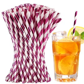 PakTalk Striped Paper Straws, 100Pack Metallic Rose Gold Striped Disposable Straws for Drinking Biodegradable Paper Straws for Valentines, Holiday, Party (0.24''*8.27'', Gold Striped)