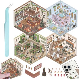 4 Sets DIY 3D House Stickers, Fun DIY Stickers Scene Make Your Own Coffee Shop, Sushi Restaurant, Bookstore, Apartment, Cute Cartoon Scene Sticker for Kids Adult Relief Stress Pass The Time (Type 1)