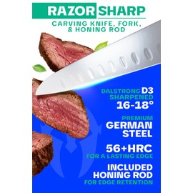 Dalstrong Carving Knife & Meat Fork Set - Gladiator Series Elite - 8" Honing Rod - Forged HC German Steel - 9 inch Carving Knife & Sheath - Hollow Ground Carving Set - Matching Fork - NSF Certified