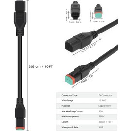 16AWG DT 2pin Male Female Wiring Harness Extension Kit,10ft Waterproof Extended Plug and Play 2-pin Socket Connector Wire Cord for Automotive Offroad LED Light Bar Driving Fog Boat Trucks Work Lights