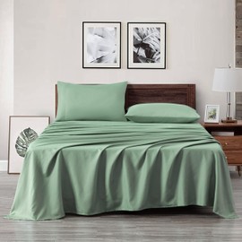 Chezmoi Collection 4-Piece Sage Green Sheet Set Queen Size - 110GSM Peach Skin Brushed Microfiber Polyester 16" Deep Pocket Bed Sheets & Pillowcases