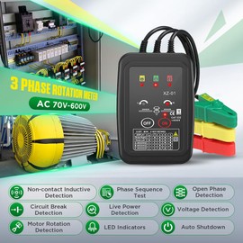 Medidor de rotación de fase sin contacto, medidor de rotación de 3 fases, CA 70 ~ 600 V, probador de rotación de secuencia de fase de alta magnética, medidor de rotación de motor de inducción automático, medidor de fase de apagado automático con LED, cab