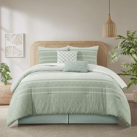 Stratford Park Cotton California King Comforter Set, Sage Geometric Jacquard Bedding Set, Cozy 6 Piece Bedding Set, Bedskirt, Pillows & Shams, Home Decor