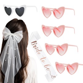 1 Veil Hair Clip + 1 Bride to Be Sash + 5 Heart Sunglasses (4 Pink + 1 White) Jga Decorative Jga Women Stag Night Women for Stag Night Bridal Shower and Wedding Photography