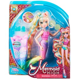 MERMAID HIGH, Spring Break Finly - Muñeca de Sirena y Accesorios con Cola extraíble y Rayas de Cabello Que cambian de Color, Juguetes para niños para niñas a Partir de 4 años