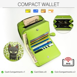 XINNSTAR Small RFID Wallet for Women Black Cat Floral Leather Slim Thin Credit Card Wallet Bifold Compact Coin Pocket Purse for Female Ladies Teen Girls Girly