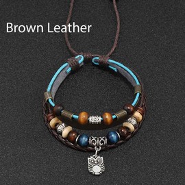 Dmaiy Brown Leather Bracelet Beaded Owl Bracelets Woven Braided Bracelet Animal Wristband for Men and Women Holiday