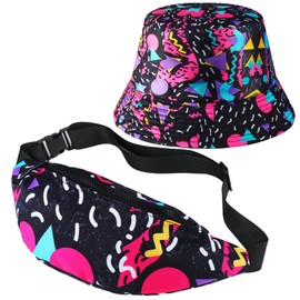 JenPen 2 Pcs 80s 90s Fanny Pack Bucket Hats Set for Men Women Retro Accessories for Summer Sports Party(Bright Style)