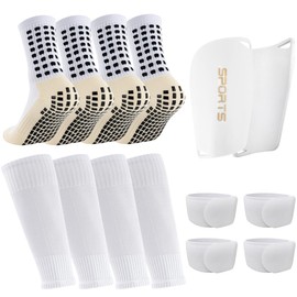 Ukontagood 2 Pairs Mens Grip Soccer Socks, 2 Pairs Shin Sleeves with 1 Pack Shin Guards and 4 Shin Straps, Soccer Football Game Set 9 Pcs (White)