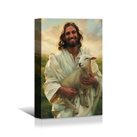 BANHUA1 Jesus and Lamb Canvas Wall Painting Jesus Holding Lost Lamb Picture Mural Canvas Print Christian Home Decor for Living Room Bedroom Home Office Artwork Easy to Hang 36"x48"
