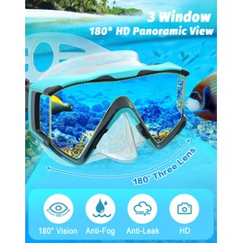 Greatever Snorkel Set Pano 3 Window Snorkel Mask Adult, Panoramic Wide View, Anti-Fog Scuba Diving Mask, Anti-Leak Snorkel Goggles Dry Top Snorkel, Professional Snorkeling Gear for Adults