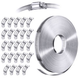 Steelsoft 304 Stainless Steel Hose Clamp Assortment Kit DIY, Cut-To-Fit 50 FT Metal Strap+24 Stronger Fasteners, Large Adjustable Worm Gear Hose Clamps Screw Clamps Duct Pipe Metal Clamp Strapping