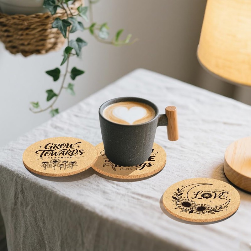 ANATTASOUL Round Wooden Coasters, Pack of 9, Sunflower Wooden Coasters,