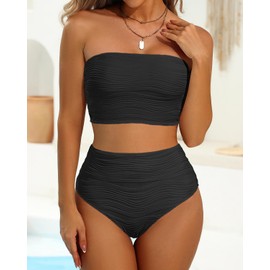 High Waisted Bandeau Bikini Set - Women Strapless Two Piece Swimsuits Ribbed Longline Full Coverage Bathing Suits Swimwear, Black, Medium