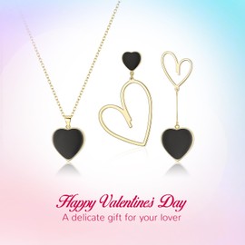 Flyonce Mismatched Heart Jewelry Set for Women Wedding Bridal, Black Pendant Necklace Asymmetric Earrings Costume Gifts for Her/Wife/Mom/Valentine 14K Gold Plated
