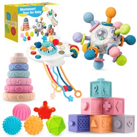 SpringFlower 0-3-6-12 Months Baby Toys, 5 in 1 Montessori Toys for Babies, Teething Toy & Stacking Building Block & Ring & Silicone Pull String, Sensory Development Baby Infant Toy, Gift for Babies