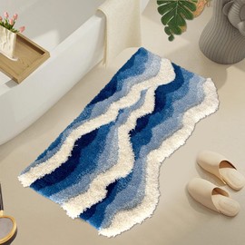 KRUIHAN Non-Slip Bath Mat, Blue Wave Rug, Short Pile Washable Doormat Soft Bathroom Mat, Fluffy Bed Rug, High Pile Rug for Living Room, Bedroom, Kitchen, Children's Room, 50 x 80 cm