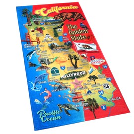 California Beach Towel 30 x 60 inches Map and State Flag California Republic Decorative 100% Soft Cotton Velour Terry Ideal for The Beach or Pool (California, One Towel)