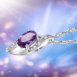 Mabella Sterling Silver 0.78 ct Simulated Amethyst Oval Shaped Gemstone Pendant Necklace