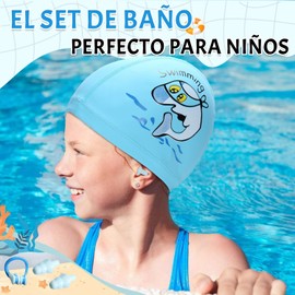 Gafas de natación,Gorro de natación para niños,Juego de gafas de natación-con gorro de natación/gafas/tapones/gancho para la nariz/estuche para gafas,Protección UV (Azul)