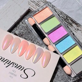 Kit Polvo Efecto Espejo Aurora Unicornio/Metalico 6 Color + Aplicador para Uñas Nail Art