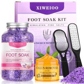 XIWEIOO Pack of 4 lavender Himalayan Pink FOOT SOAK SALT Kit Tea Tree OiFoot Callus Remover Gel Kit Foot Files Set Moisturize, Foot Odor cream spa massager Epsom Salt pedicure at home spa