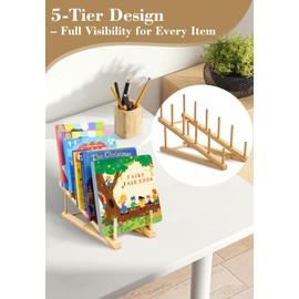 5 PCS Bamboo Tiered Display Stand – Plate Stands for Display, Book Display, Vendor Booth Display Items – Wooden Dish Rack, Plate Rack, Bamboo Dish Drying Rack for Kitchen, Tabletop, Craft Shows