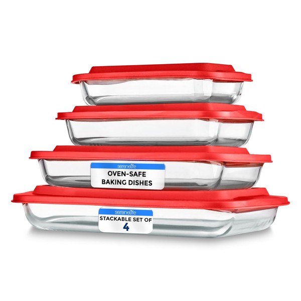 SereneLife 4-Piece Glass Baking Dish with Lids Set - Heavy