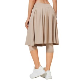 ANIVIVO 24" Long Knee Length Skirted Leggings for Women,Modest Athletic Skirt with Leggings Pleated Workout Skirt Zipper Pockets(Khaki,M)