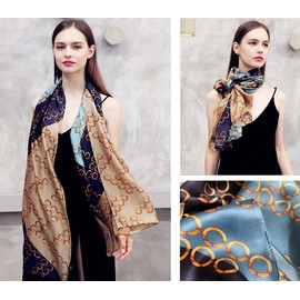 Pañuelo largo 100% seda de morera para mujer grande protector solar chales envolturas pañuelo y cuello – Vendas para el pelo con embalaje de regalo, Caqui + Azul, 67*21in