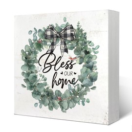 Bless Our Home Sign Wood Box Desk Decor,Spring Botanical Eucalyptus
