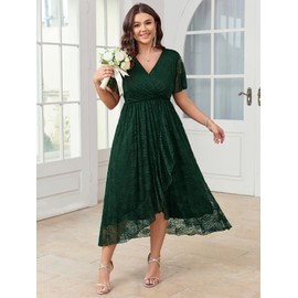 SCOMCHIC Womens Plus Size Wedding Guest Dress Formal Lace Faux Wrap V Neck High Low Short Sleeve Cocktail Maxi Dresses XL-4XL Emerald Green