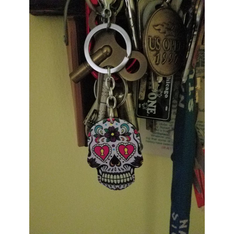 LUX ACCESSORIES White Sugar Skull Rose Keychain Key Ring