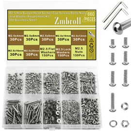 Zmbroll M2.5 Button Head Hex Socket Cap Screws 660Pcs M2.5x4/6/8/10/12/16/20mm 304 Stainless Steel Machinery Button Head Metric Fasteners Bolts Nuts Washers with Wrenches