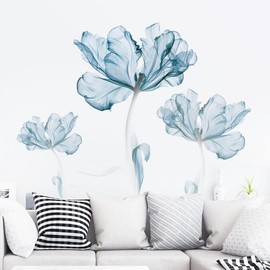 Runtoo Blue Flower Wall Decals Poppy Floral Wall Art Stickers for Girls Bedroom Living Room Bathroom Office TV Background Décor [Medium]