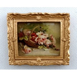 Melody Jane Dollhouse Basket of Roses Picture Painting Gold Frame Miniature Accessories