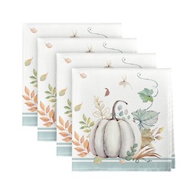 Horaldaily Fall Cloth Napkins 18 x 18 Inch, Thanksgiving Autumn Harvest White Pumpkin Leaves Party Dinner Decoration Washable Napkins Set of 4