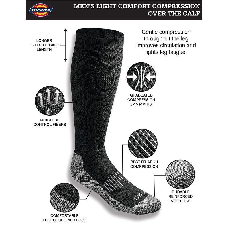 Dickies Men's Light Comfort Compression Over-The-Calf Socks, Black (4 Pairs),