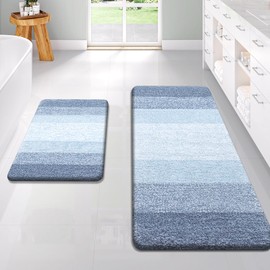 OLANLY Luxury Bathroom Rug Set 2 Piece, Soft Absorbent Microfiber Bath Rug Set, Non-Slip Striped Bath Carpet, Machine Wash Dry, Bath Mats for Bathroom (47"x20"+24"x16", Blue)