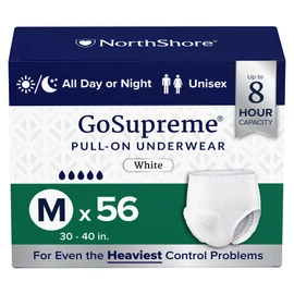 NorthShore GoSupreme Overnight Incontinence Underwear, 8-Hour Pullup Style, Medium, 56 Count Case, White, 30-40 inches, Unisex Adult Diapers