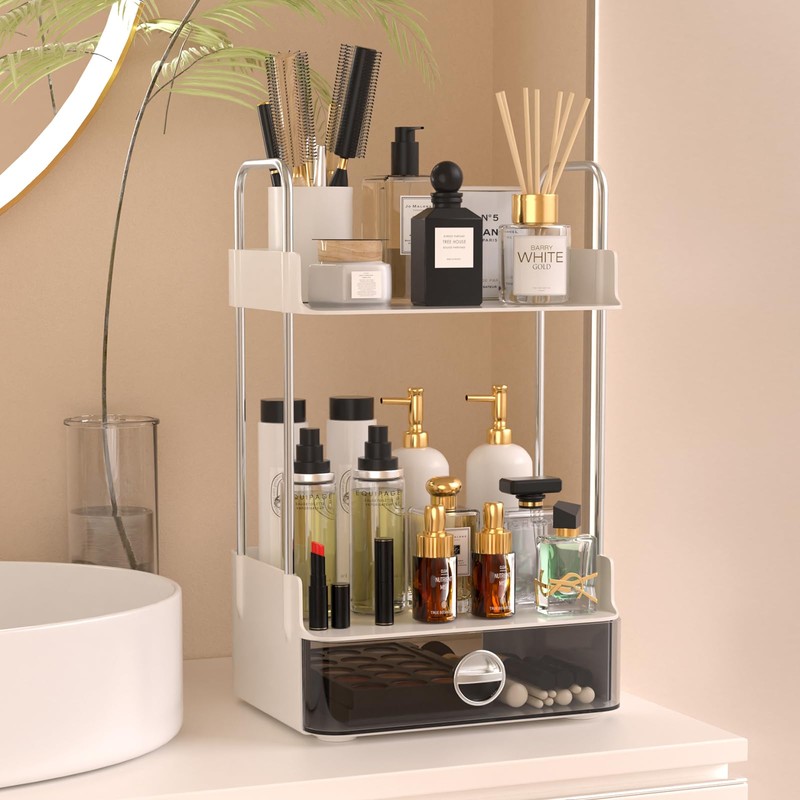 Bathroom Counter Organizer, 2 Tiered Organizer Countertop with Drawer, Makeup