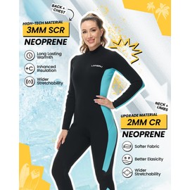 Lansru Women Wetsuit with Waterproof Changing Mat Bag, Upgraded CR Neoprene 3/2mm Full Suit, Back Zip Wet Suit for Women, Ideal for Cold Water Swimming Surfing Snorkeling and Diving.