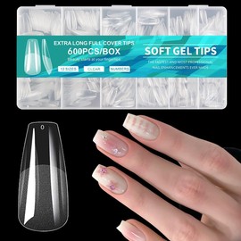 600 Piezas Tips para Uñas Soft Gel,Incluir 12 Tamaños,Uñas Postizas de Transparentes,Soft Gel Tips Acrilicas Postizas,Acabado Mate,No Requiere Lijado,Con Caja,para DIY Nail y Salones