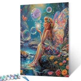 Paint by Number Beautiful Fairy Painting DIY Painting On Canvas with Brushes Acrylic Paints Sunshine Bubbles Colorful Huge Wings Paint by Numbers for Adults Beginner 16x20 Inch（without Frame）