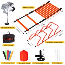 Kevirice Agility Ladder, Agility Speed Training Set, 20ft 12 Rung Agility Ladder, 4 Agility Hurdles, 5 Resistance Bands, 12 Resistance Cones, Running Parachute, Jump Rope for Athletes, Adults(Orange)