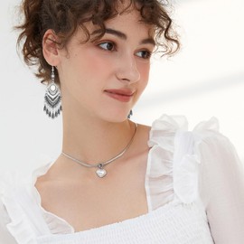 Ricarmo Bohemian Vintage Sliver Hollow Chandelier Lightweight Dangle Drop Earrings Teardrop Crystal Enamel Fringe Hook Earrings For Women (White)