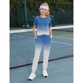 Arshiner Girl's 2 Piece Outfits Clothing Color Gradient Twist Front Crop Top and Pants Set Blue White Size 6